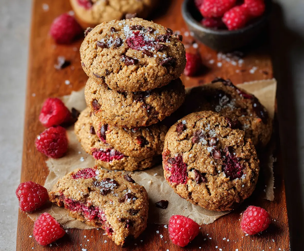 Delicious paleo raspberry cookies garnished with fresh raspberries on a white plate.