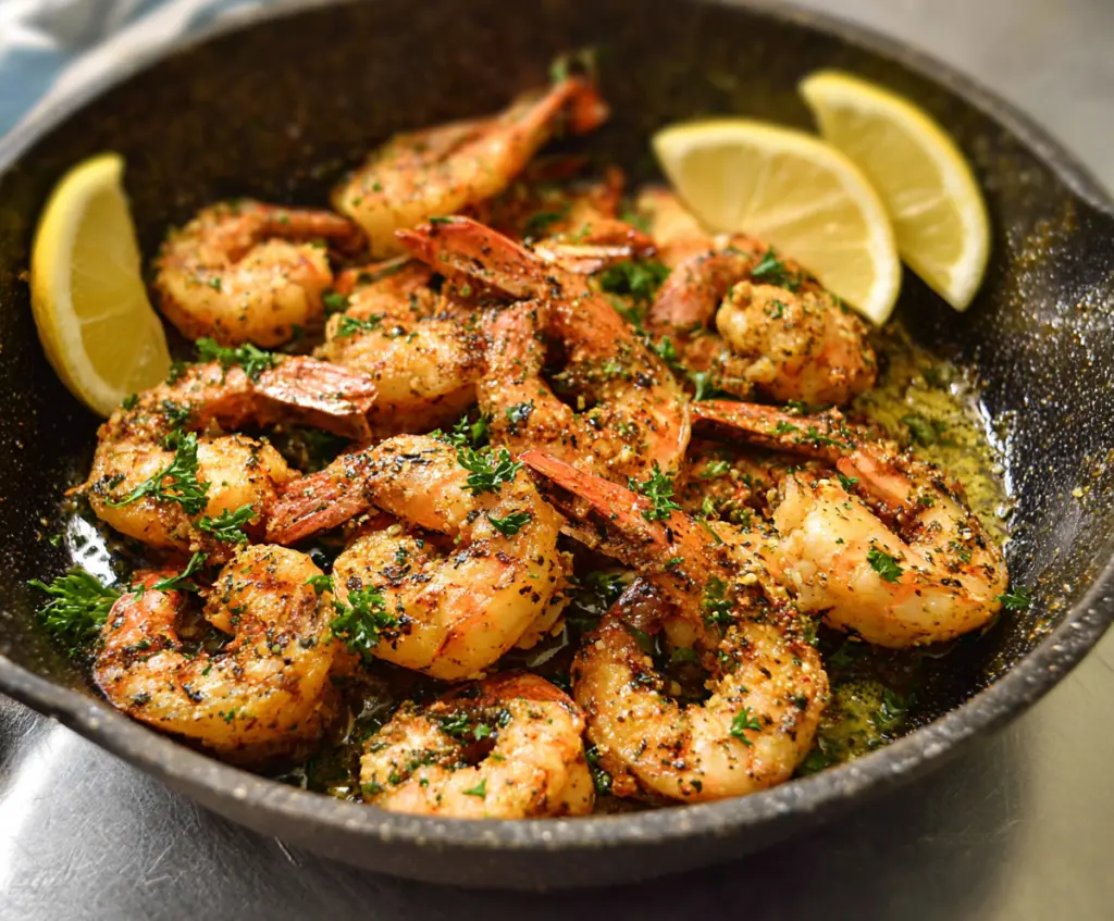 Delicious pan-fried shrimp garnished with fresh herbs on a rustic plate.