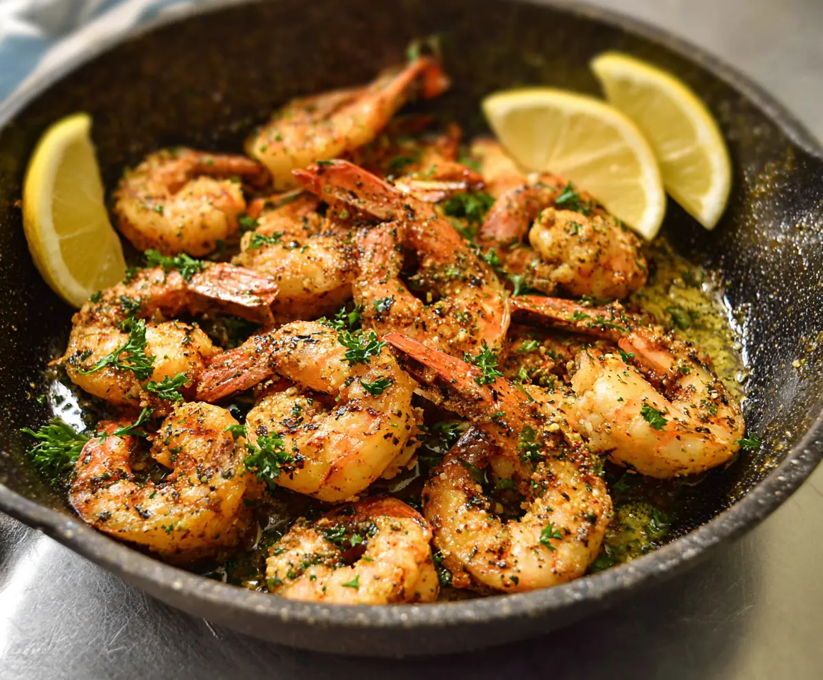 Delicious pan-fried shrimp garnished with fresh herbs on a rustic plate.