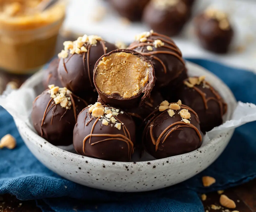 Delicious homemade peanut butter balls coated in chocolate, perfect for snacking or gifting.