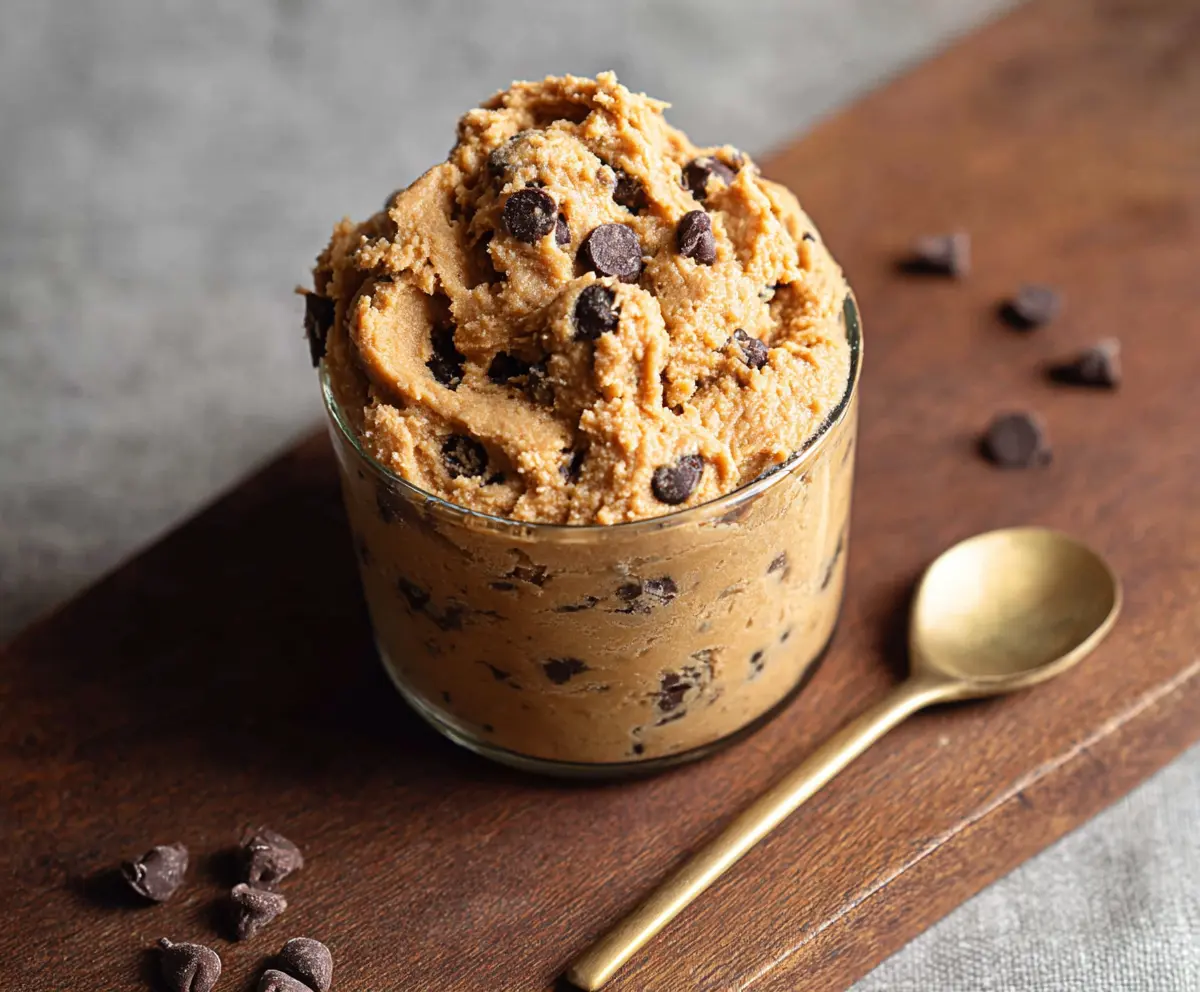 Delicious peanut butter chickpea protein cookie dough scoop, healthy vegan snack option