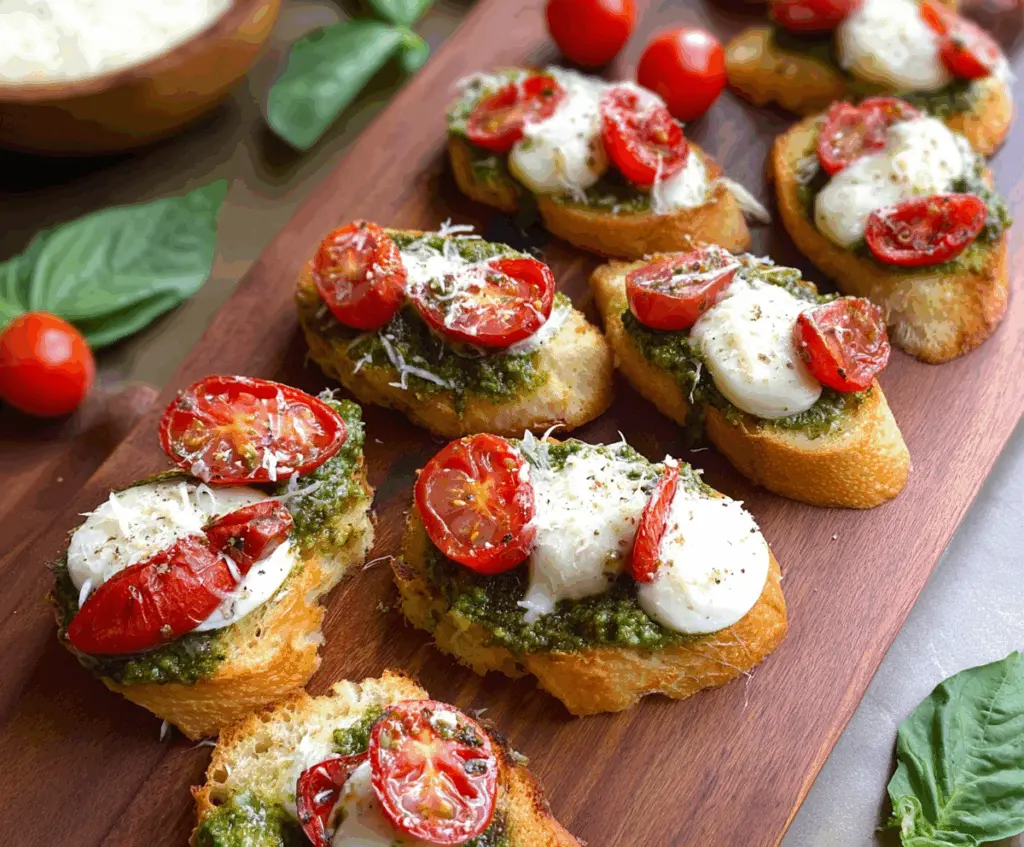Delicious Pesto Tomato Mozzarella Crostini with fresh herbs and crispy bread, perfect appetizer for any occasion.