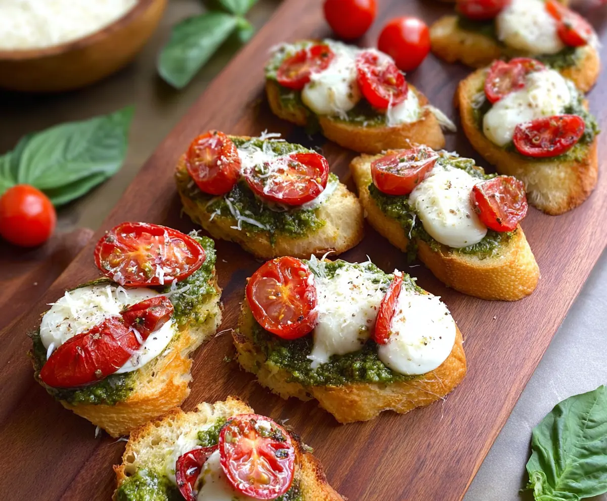 Delicious Pesto Tomato Mozzarella Crostini with fresh herbs and crispy bread, perfect appetizer for any occasion.