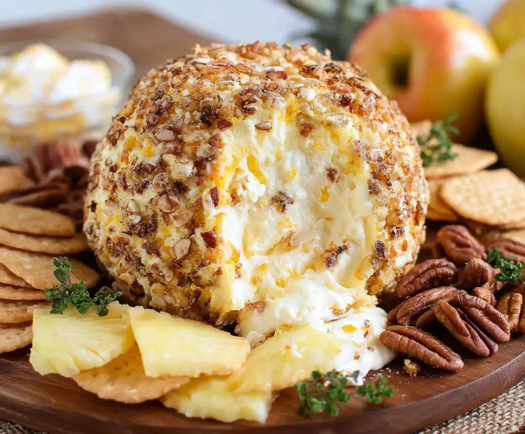 Delicious pineapple cheese ball appetizer with a creamy cheese coating and pineapple topping