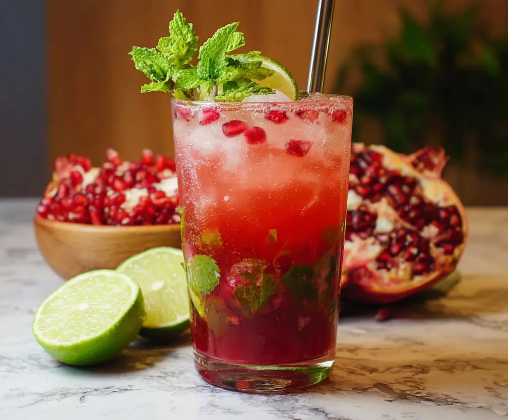 Refreshing pomegranate mojito cocktail garnished with mint leaves and fresh pomegranate seeds
