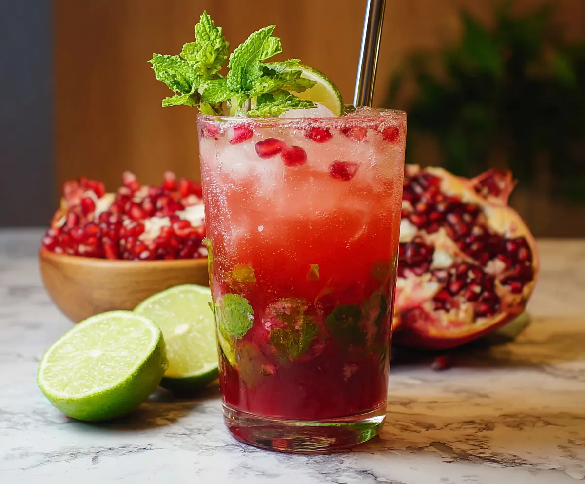 Refreshing pomegranate mojito cocktail garnished with mint leaves and fresh pomegranate seeds