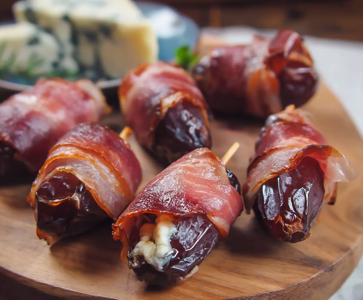 Delicious prosciutto wrapped dates served on a plate, perfect appetizer for parties.