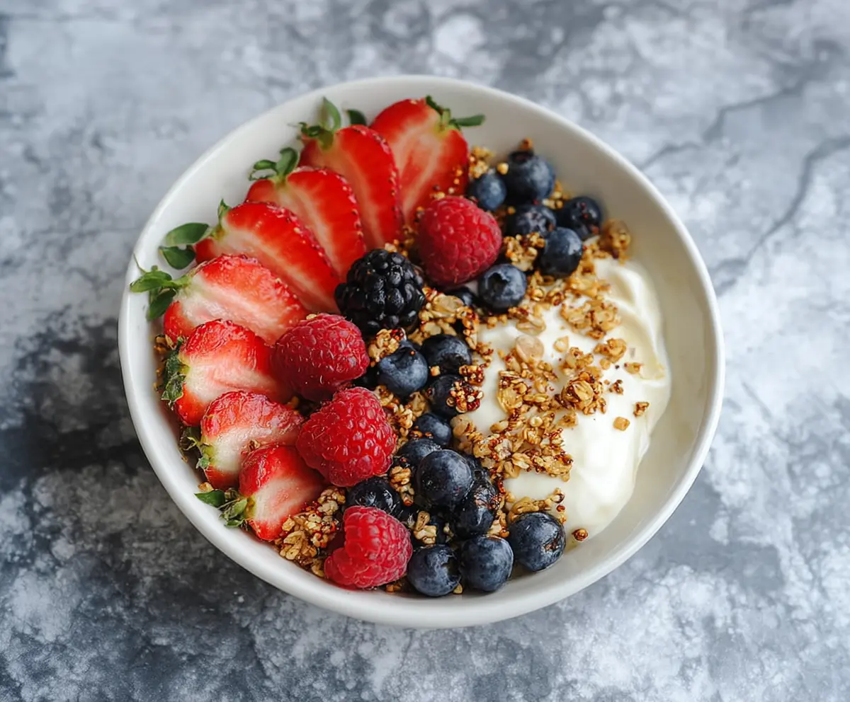 Healthy protein yogurt bowl topped with fresh berries and granola, perfect for a nutritious breakfast.