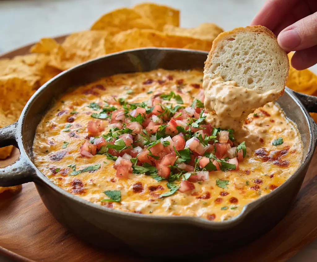 Creamy and cheesy queso dip served with tortilla chips for a delicious snack.