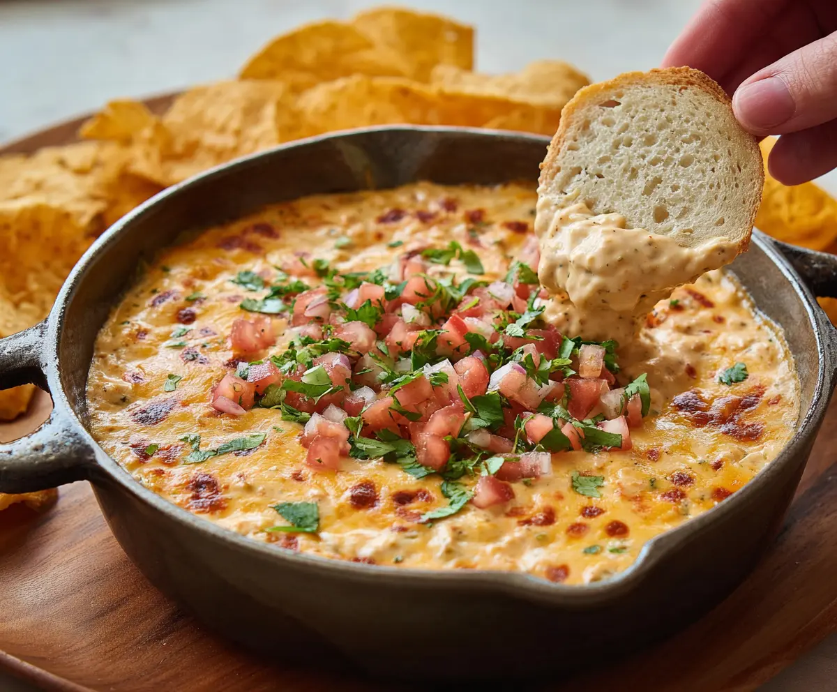 Creamy and cheesy queso dip served with tortilla chips for a delicious snack.