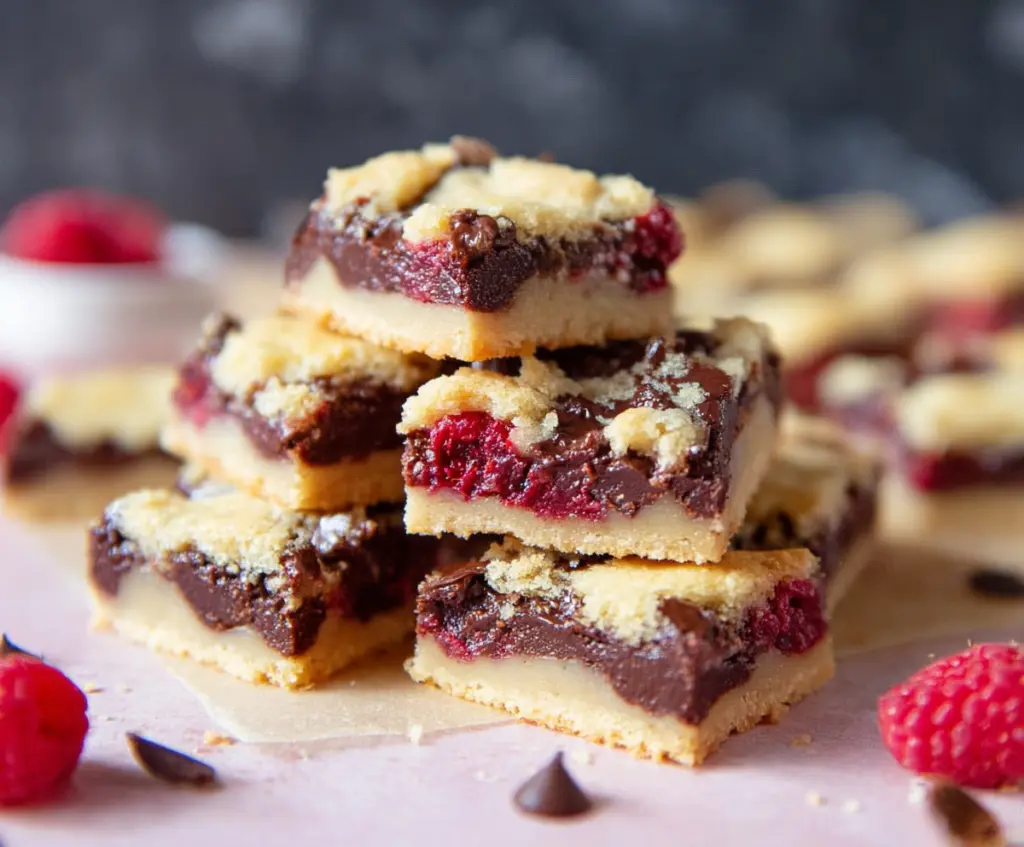 Delicious raspberry chocolate chip shortbread bars with fresh berries and melted chocolate.