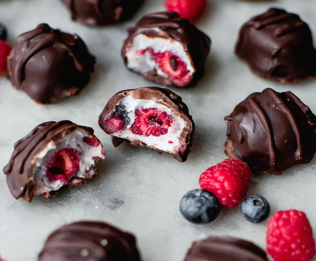 Delicious Raspberry Dark Chocolate Yogurt Bites on a plate, garnished with fresh raspberries and mint.