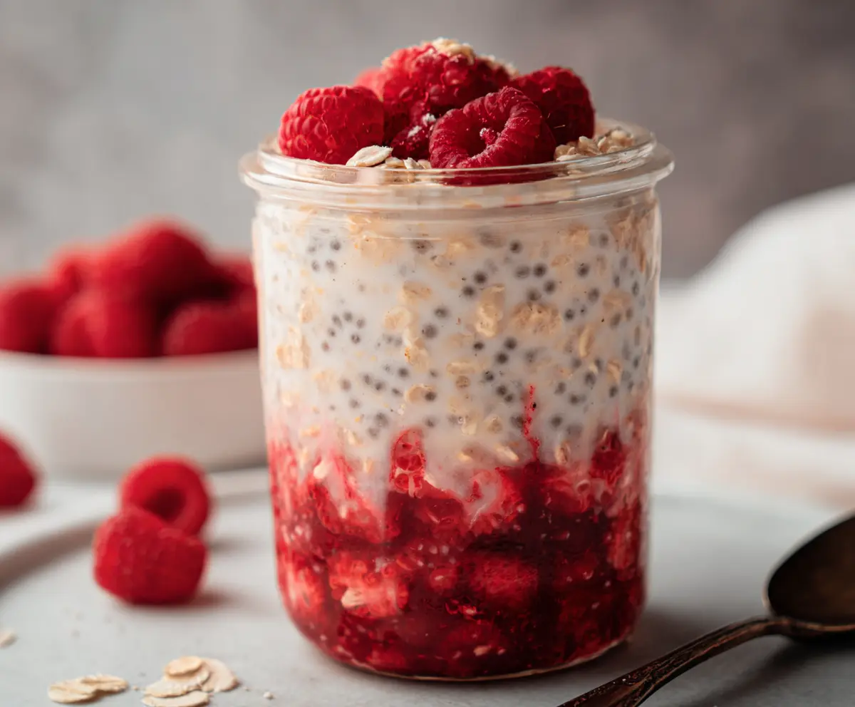Delicious Raspberry Overnight Oats in a jar topped with fresh raspberries and a sprinkle of chia seeds.
