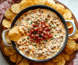 Delicious sausage cream cheese dip served with fresh bread and crackers for a party appetizer.