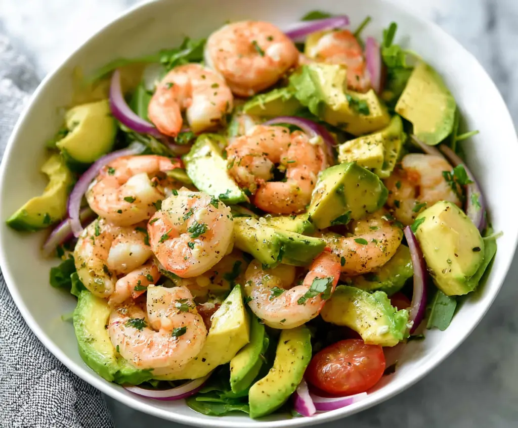 Refreshing shrimp and avocado salad with fresh greens and vibrant ingredients.