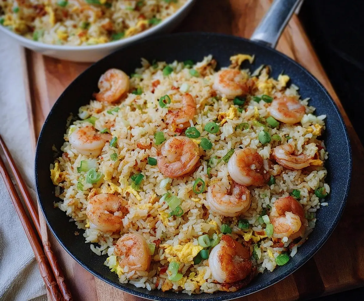 Delicious shrimp garlic fried rice served on a plate with garnishes
