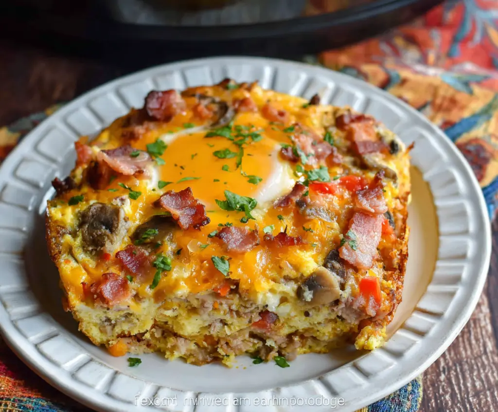 Delicious slow cooker breakfast casserole with eggs, cheese, and vegetables ready to serve.