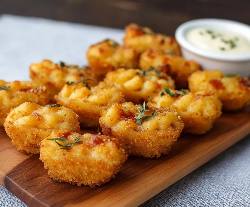 Delicious smoked Gouda mac and cheese bites with crispy golden crust, perfect as a savory appetizer.