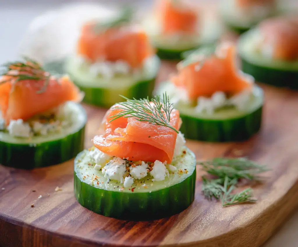 Delicious smoked salmon cucumber bites garnished with fresh herbs, perfect for appetizer platters.