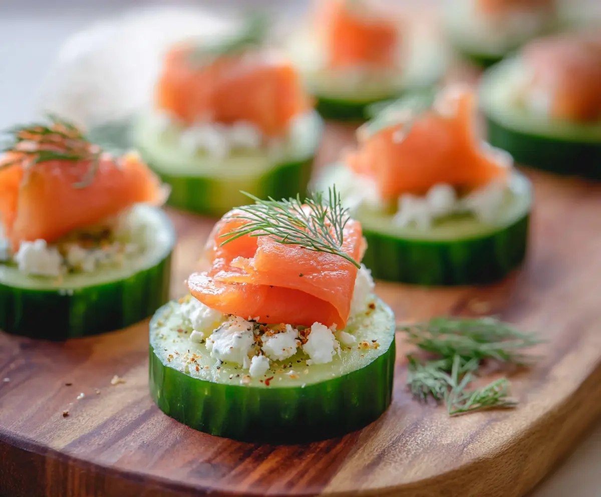 Delicious smoked salmon cucumber bites garnished with fresh herbs, perfect for appetizer platters.