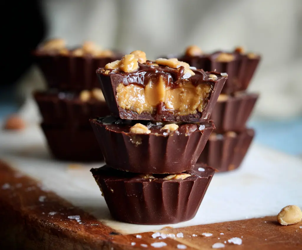 Delicious Snickers Cups with creamy peanut butter, caramel, and chocolate in a cupcake liner