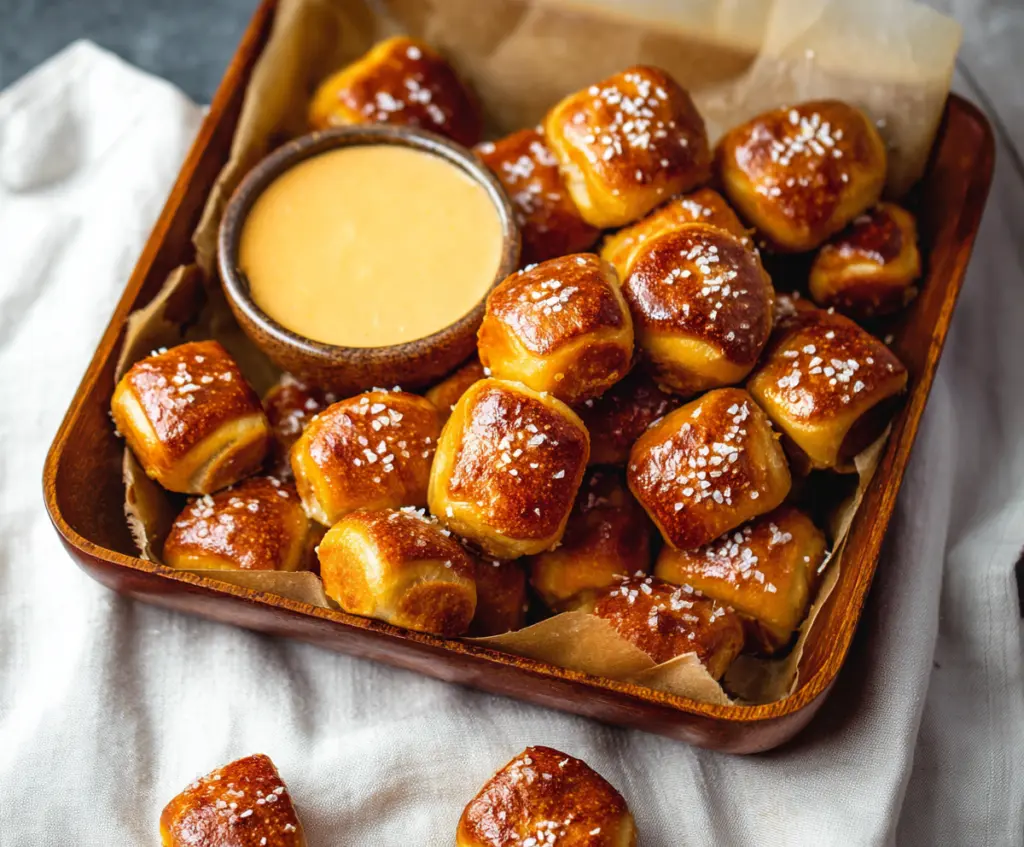 Delicious soft pretzel bites served with dipping sauce on a rustic wooden table.