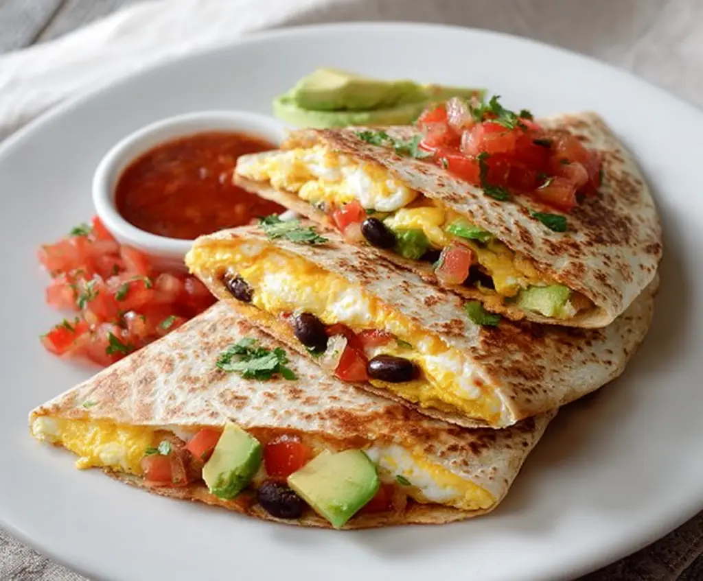 Delicious Southwest Breakfast Quesadilla filled with cheese, eggs, and spicy peppers on a plate.