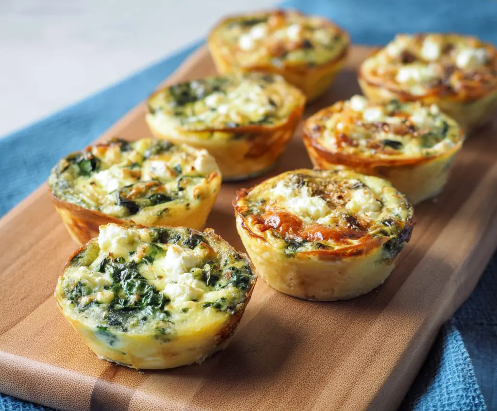 Delicious spinach and feta mini quiches with golden crust, perfect for breakfast or brunch.