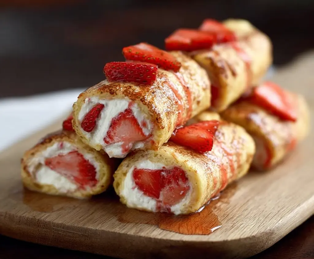 Delicious strawberry cream cheese roll ups garnished with fresh strawberries and mint.
