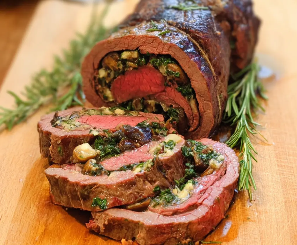 Delicious stuffed beef tenderloin with herbs and melted cheese, perfect for a gourmet dinner.