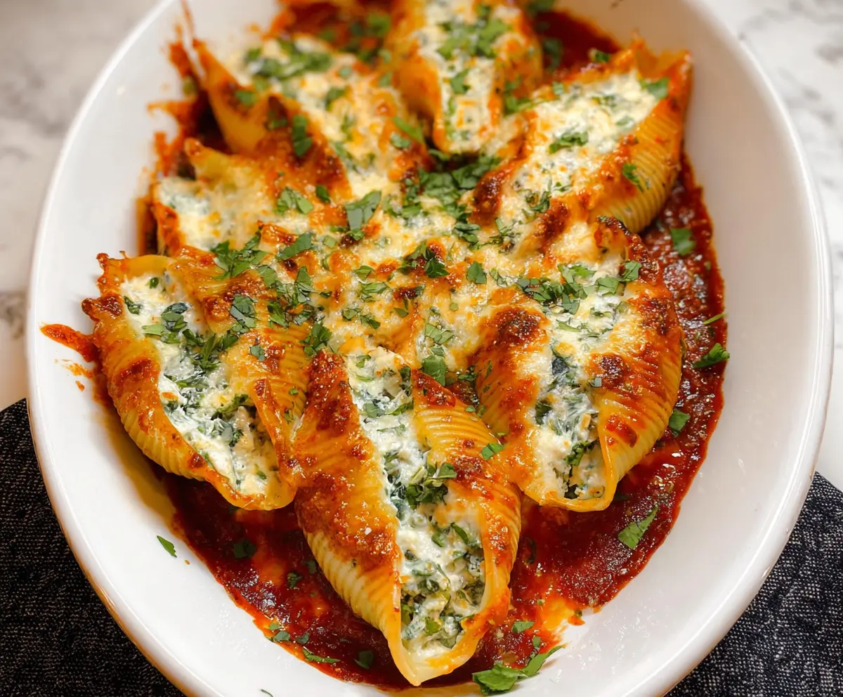Delicious stuffed shells baked with cheesy filling and marinara sauce on a plate.