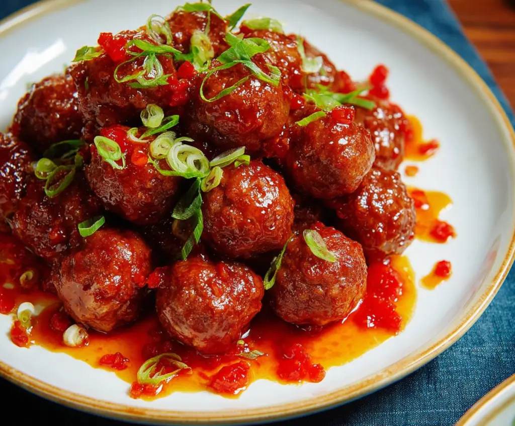 Delicious sweet and spicy meatballs served on a white plate with fresh herbs.