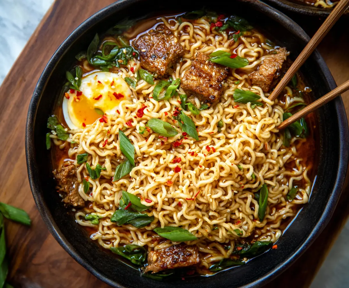 Bowl of spicy sweet chili ramen noodles garnished with green onions and sesame seeds.
