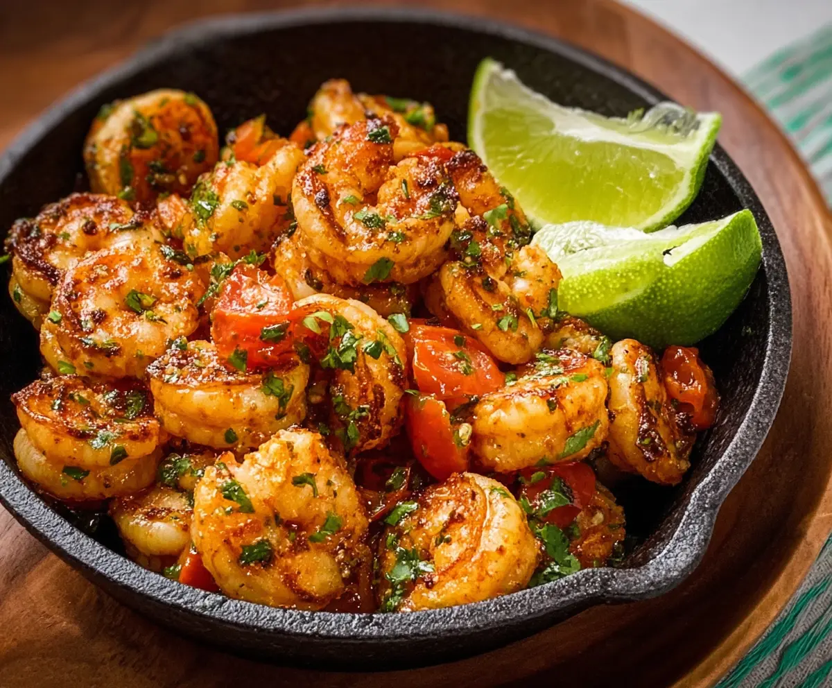 Juicy tequila lime shrimp garnished with fresh herbs on a white plate