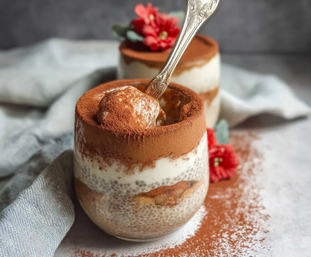 Delicious Tiramisu Chia Pudding layered with coffee and mascarpone for a tasty dessert.