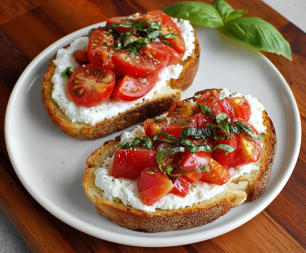 Delicious tomato and cottage cheese toast topped with fresh herbs, perfect for a healthy snack or breakfast.