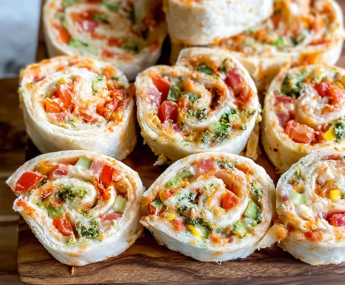 Delicious veggie pizza pinwheels with colorful vegetables and melted cheese, perfect for appetizers.