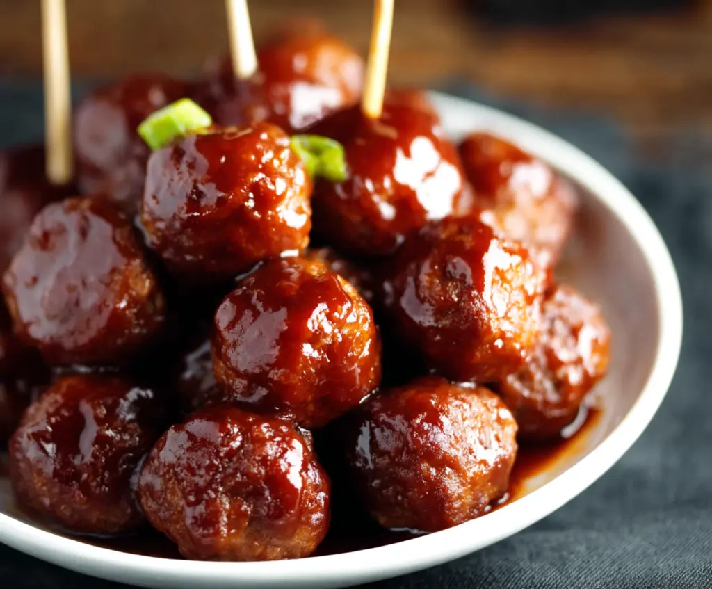 delicious 3 ingredient crockpot BBQ meatballs served in a bowl, perfect for easy dinner or party appetizer