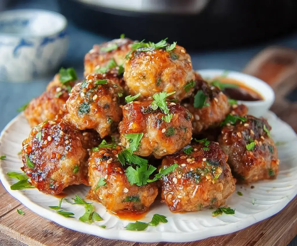 Delicious Air Fryer Bang Bang Chicken Meatballs served with a spicy and creamy sauce.