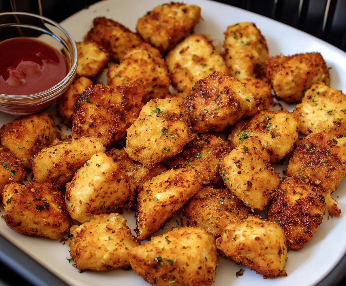 Crispy Air Fryer Chicken Bites served on a plate with dipping sauce