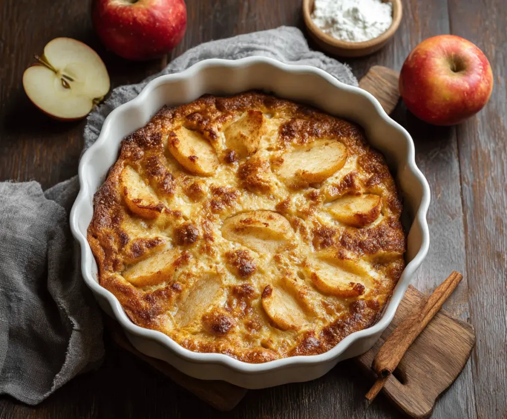 Delicious Apple Cinnamon Cottage Cheese Bake in a baking dish, garnished with fresh apples and cinnamon for a healthy breakfast.