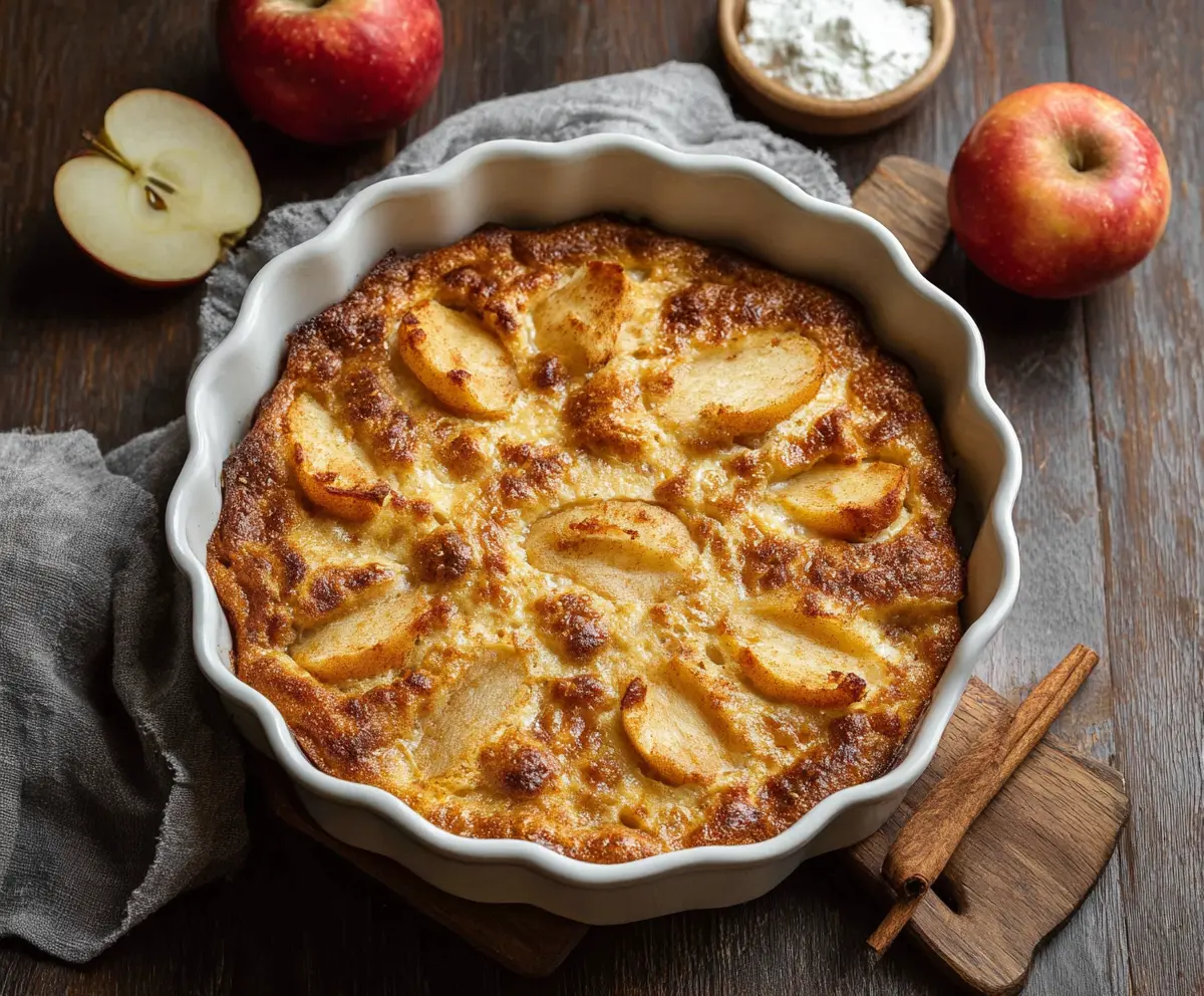Delicious Apple Cinnamon Cottage Cheese Bake in a baking dish, garnished with fresh apples and cinnamon for a healthy breakfast.