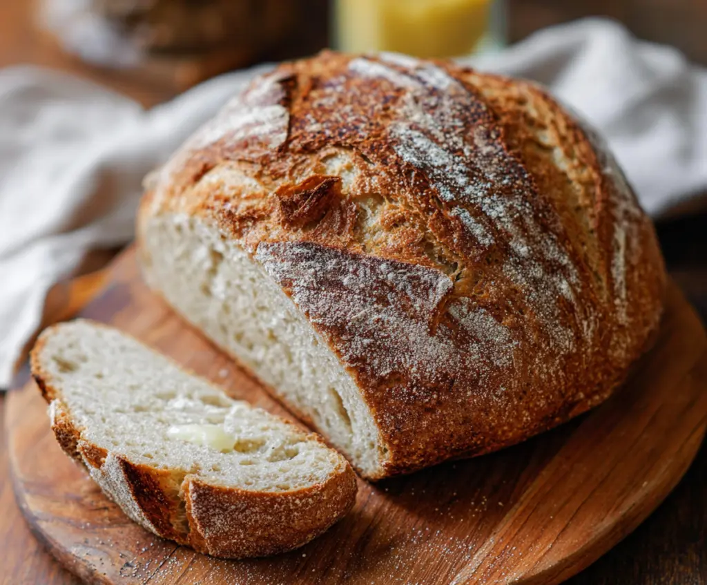 Golden crust artisan sourdough bread fresh out of the oven, showcasing its rustic texture and airy crumb.