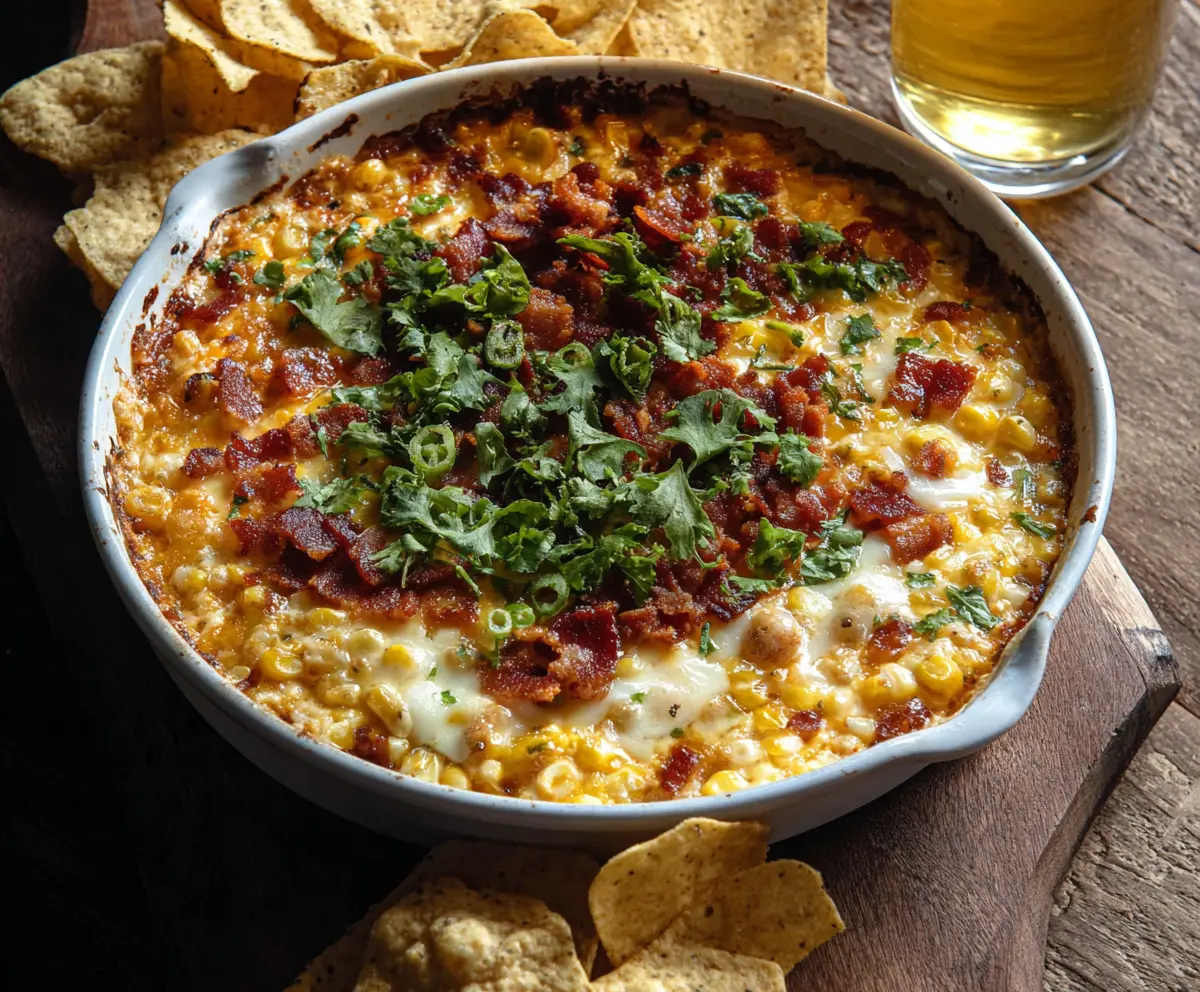Delicious Bacon Bliss Hot Corn Dip served in a bowl with crispy bacon bits on top.