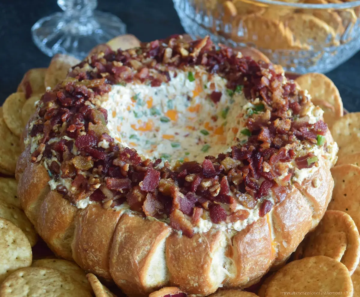 Delicious Bacon Cheese Ring Party Dip served on a platter, perfect for gatherings and parties.