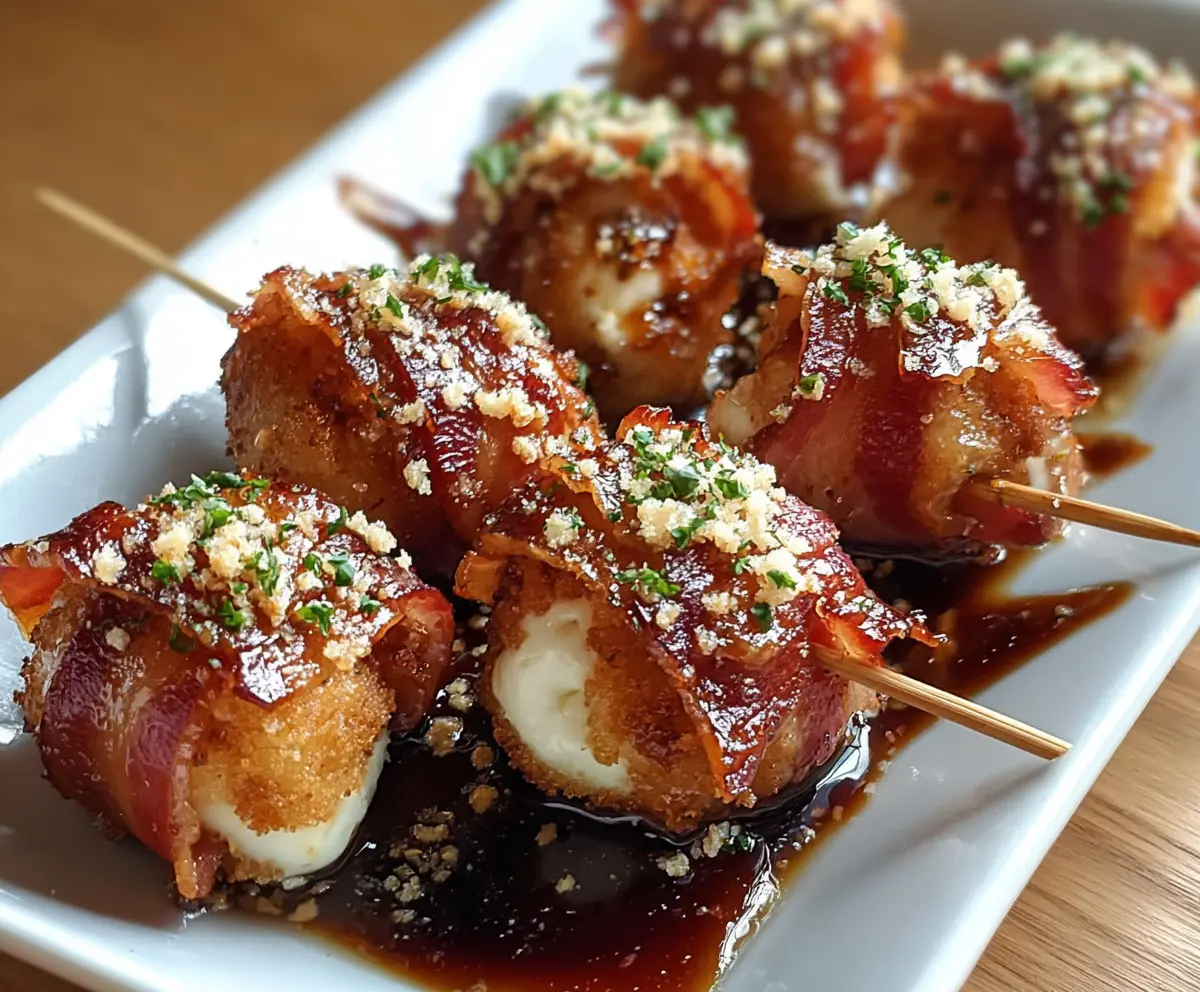 Delicious Bacon Mozzarella Poppers topped with sweet maple glaze on a plate.