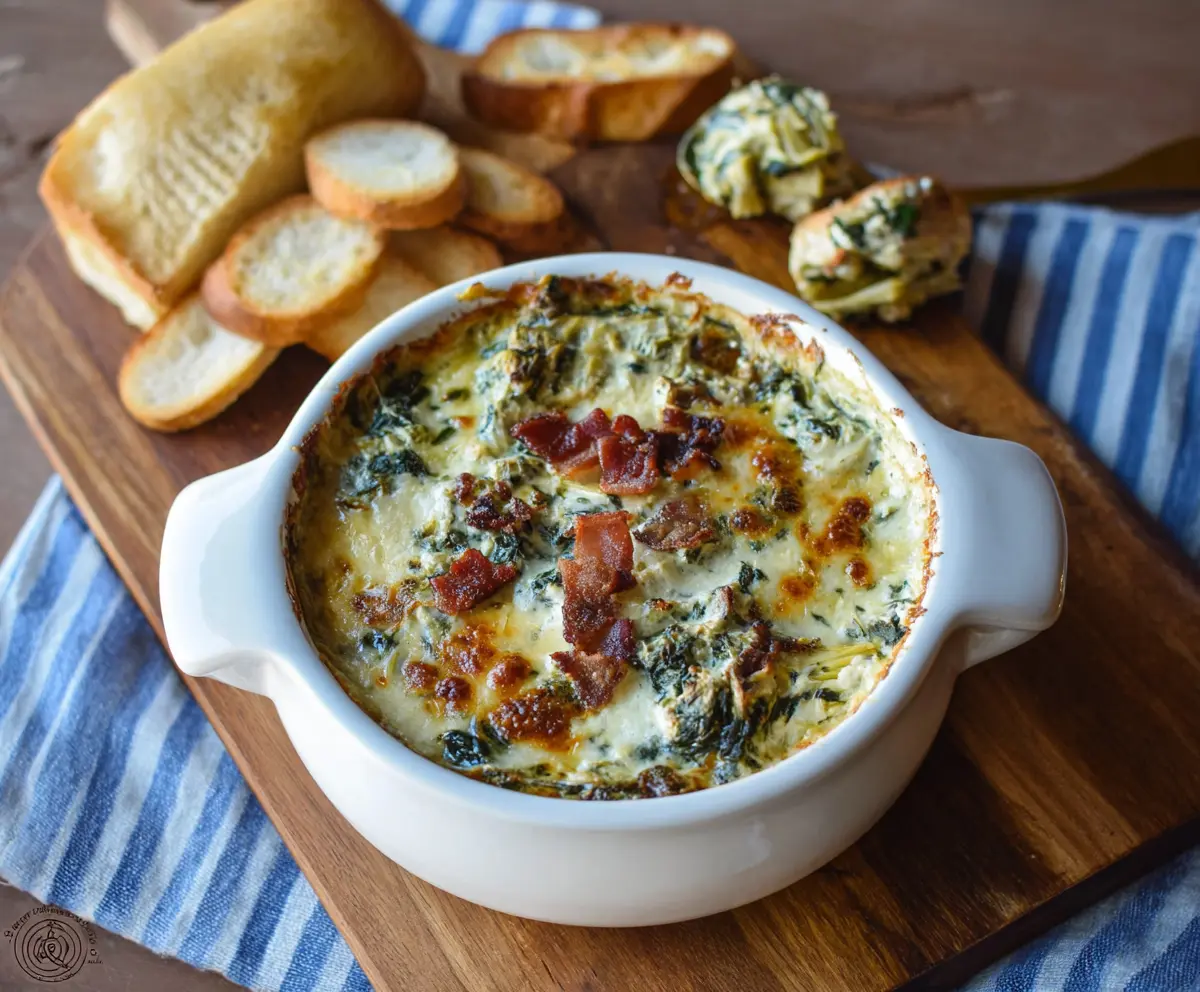 Creamy bacon spinach artichoke dip served with fresh tortilla chips on a white plate.
