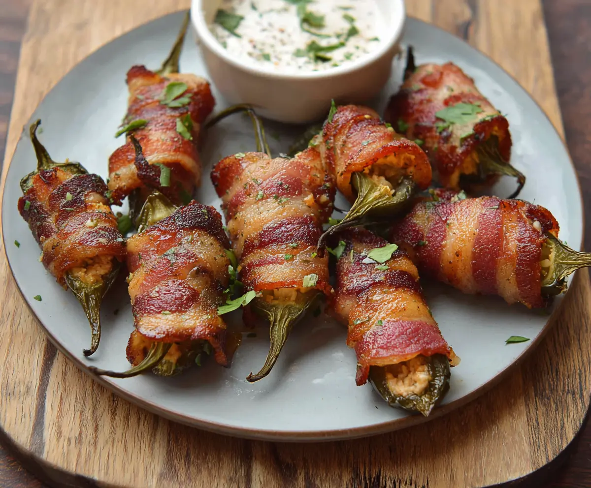 Delicious bacon-wrapped jalapeño poppers filled with creamy cheese, perfect as appetizers