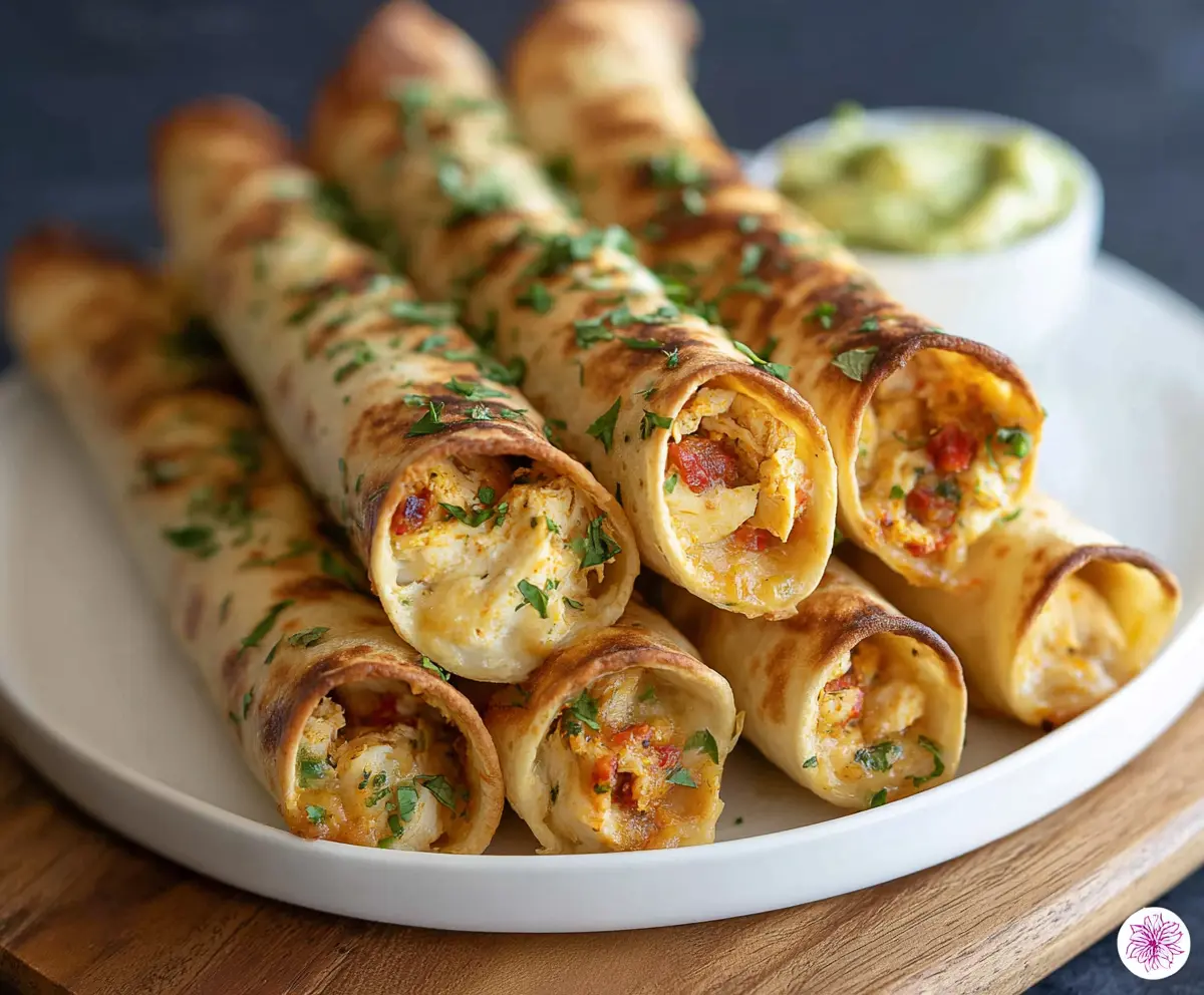 Delicious baked chicken taquitos with crispy golden shells and melted cheese, served with fresh toppings