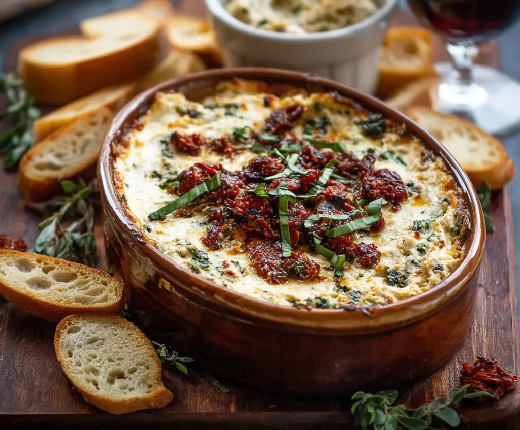 Delicious baked pesto and sun-dried tomato dip served with fresh bread slices.